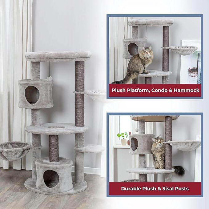 TRIXIE Anna Cat Tree – Cat Tower with Sisal Posts, Dual Hammocks, Caves & Hanging Toy – Indoor Cat Furniture for Scratching & Climbing – Gray, 23.6" x 23.6" x 50.4"