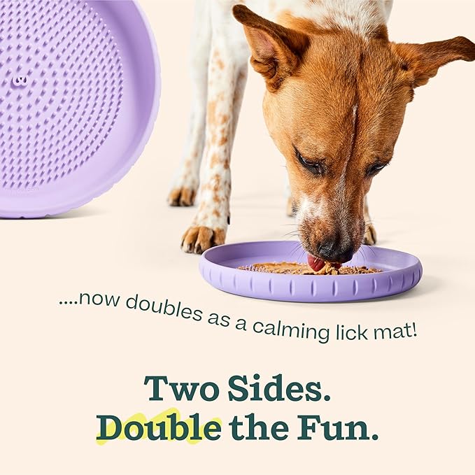 WOOF Fly n’ Feed - Flying Disc and Lick Mat for Dogs - Durable Tooth-Friendly Rubber - Interactive Dog Toy for Fetch, Treat Dispensing, and Enrichment - Lavender