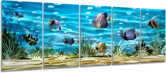 SYGALLERIER School Of Fish Metal Wall Art Handcrafted 3D Coastal Aluminum Artwork Modern Abstract Sea Styles Wall Accent in Blue Green Silver Color for Living Room Bedroom Bathroom Decor