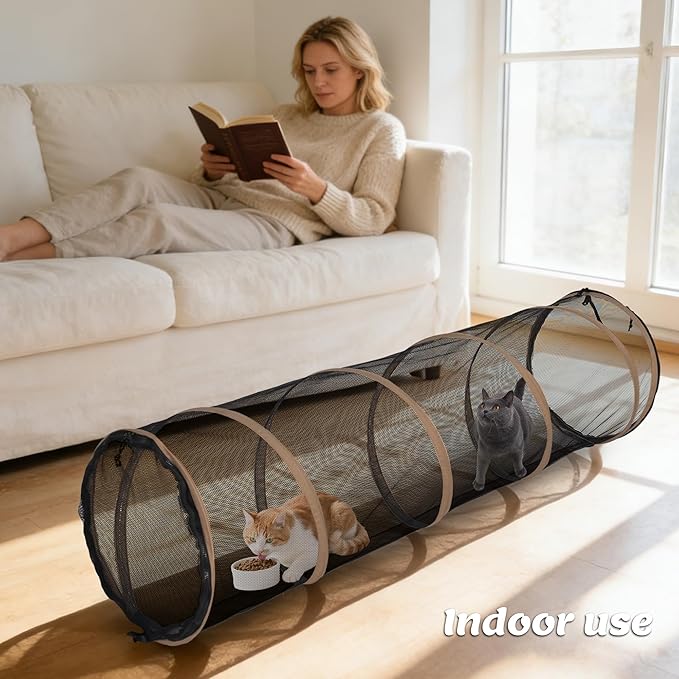 Cat Play Tunnel-3 Packs for Indoor and Outdoor,Pet Tunnel,Cat Enclosure, Easy to Connect with Two Zipper Doors,Product Size 59'' x 18'',Tan Trim (3 Tunnels)