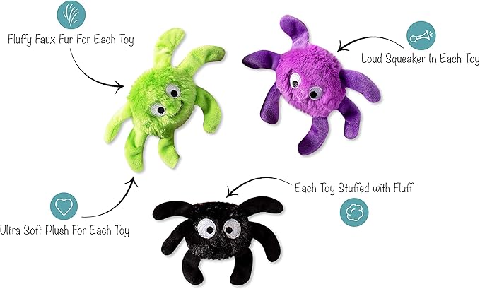 Fringe Studio, Creepy CRAWLY Spiders, Small Plush Dog Toy 3PCS Set, PetShop Collection (289479)