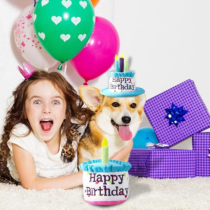 Dog Birthday Cake Toy, Happy Birthday Cake Shaped Squeaky Dog Toys for Small & Medium Dogs Funny Dogs Gifts Plush Dog Party Toys, Small, Blue