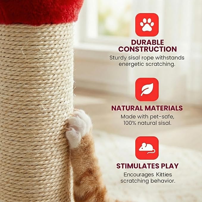 Cat Scratching Post for Small Space, 22'' Scratching Posts for Indoor Cats Adults, Extra Wide 13.4" Stable Base & Natural Sisal, Cute Cat Scratching Post with Short Plush Fabric for Large Cats, Red