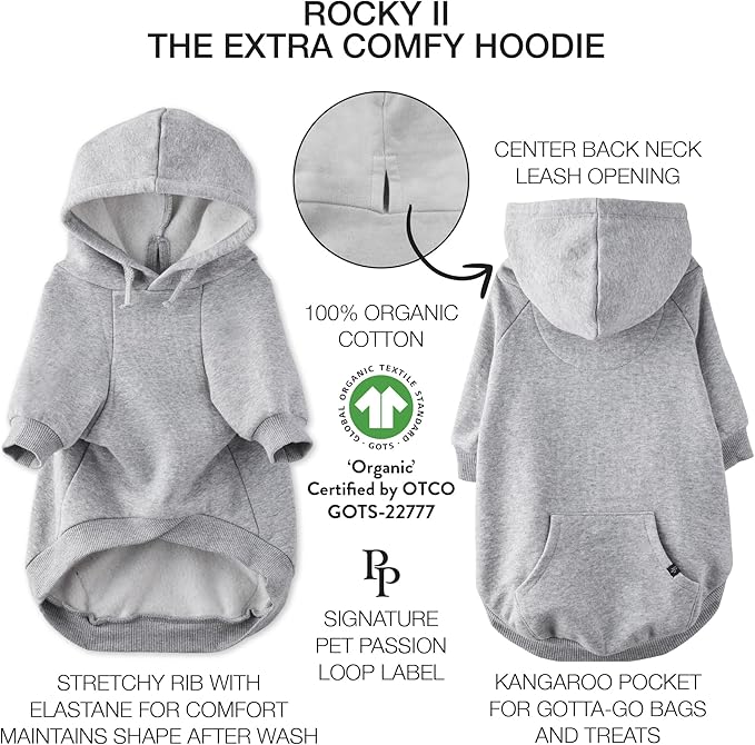Pet Passion Rocky II - The Extra Comfy Hoodie, Organic Cotton and Recycled Poly Dog Hoodie Pet Coat Sweater for Small, Medium, Large Dogs, Heather Gray, Large