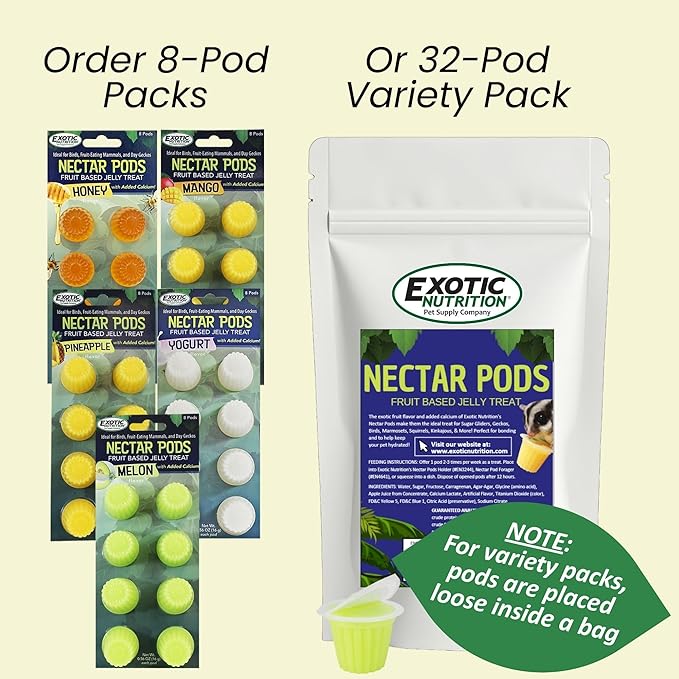 Nectar Pods (Yogurt) - Calcium-Fortified Jelly Fruit Treat - Sugar Gliders, Marmosets, Squirrels, Parrots, Cockatiels, Parakeets, Lovebirds, Conures, Hamsters, Day Geckos, Kinkajous & Other Small Pets