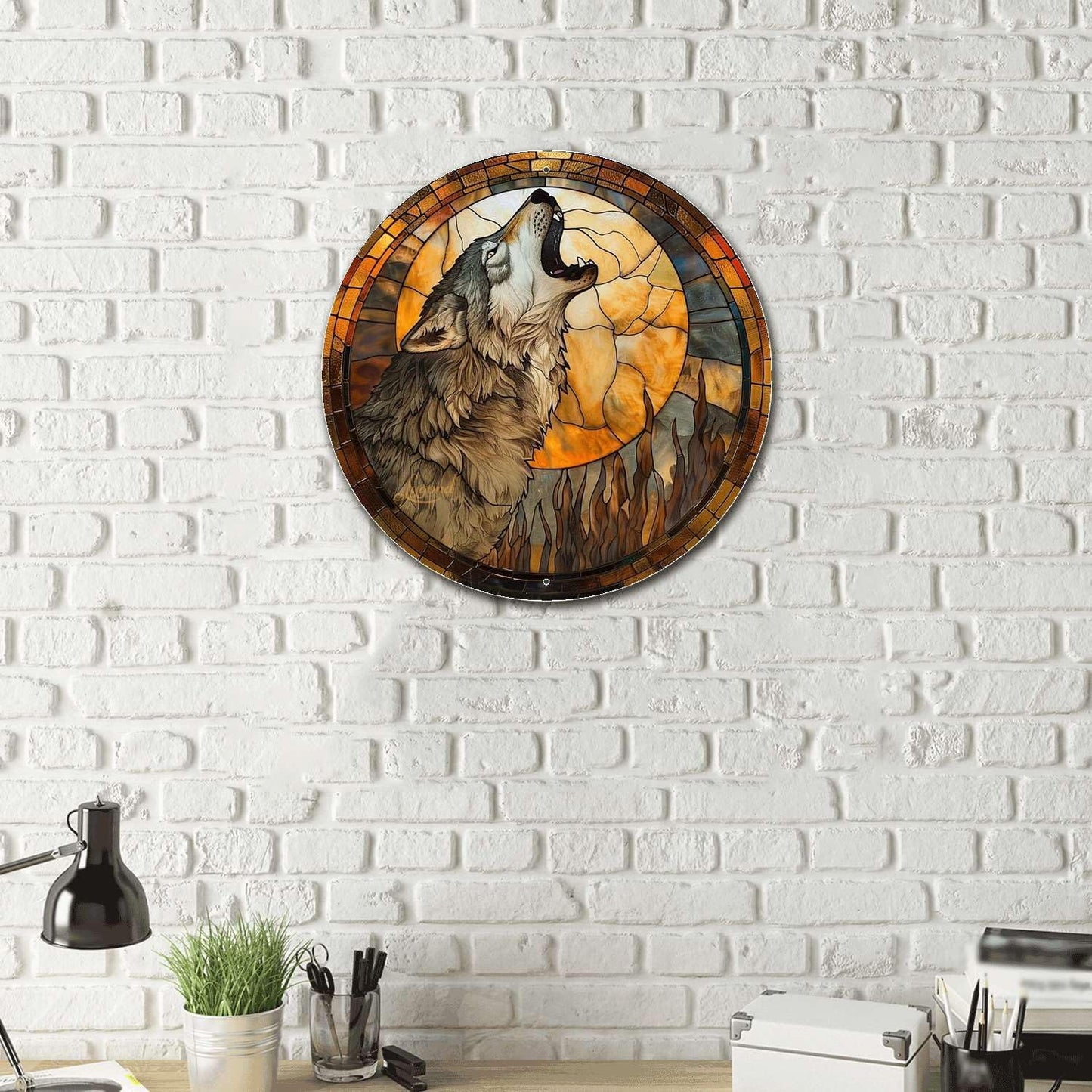 Lygond Metal Tin Sign - Circular Stained Glass Gray Wolf - 1212 Inches