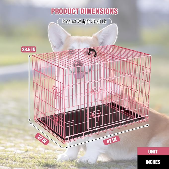 Large Dog Crate Kennel Metal Dog Cage for Medium Large Dogs Double-Door Folding Travel Indoor Outdoor Puppy Playpen with Divider and Handle Plastic Tray,42",Pink