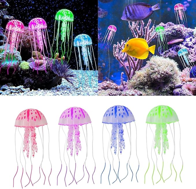 4 Pcs Fluorescence Jellyfish Aquarium Decorations for Large Small Fishtank Glowing Jellyfish Toy for Fish Tanks Jellyfish Decorations for Bedroom, Aquatic Pets