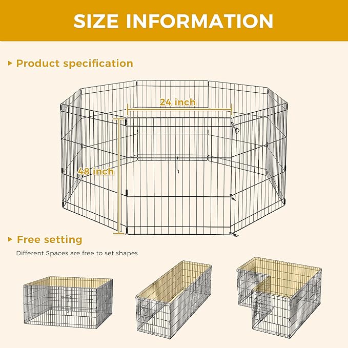 PAWZ Road Dog Playpen Foldable Metal Dog Fence Outdoor/Indoor Use Portable Design for RV and Camping- 8 Panels (24" Wide Each), 48 inch Height for Small Dogs Puppy Large Dogs