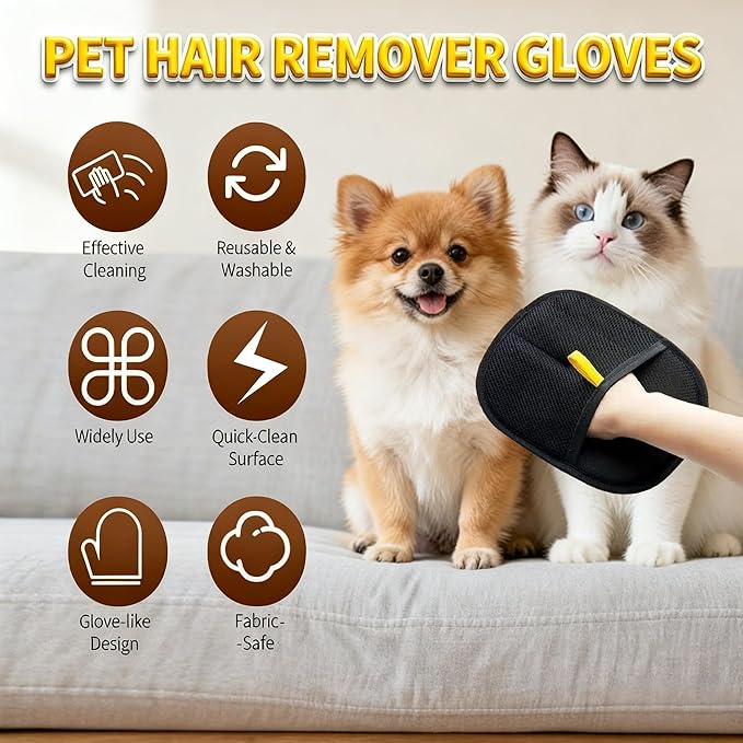 2026 Cat Hair Remover Glove, Electrostatic Pet Hair Removal Glove for Cats & Dogs,Upgraded Animal Fur Removal Tool ,Reusable Magic Brush Pet Hair Remover Tool for Laundry, Couch, Carpet, Car Seat