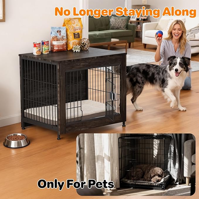 Escape Proof Decorative Dog Crate Furniture with Wooden Top, 27in Furniture Style End Table and Secure Indoor Kennel, Anti Anxiety for All Breeds, Rustic Brown