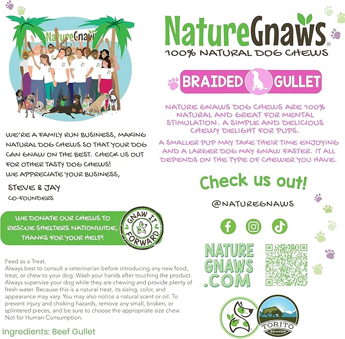 Nature Gnaws Braided Beef Gullet Chews for Dogs 5-6" (10 Count) - Long Lasting for Small and Medium Dogs - Natural Beef Jerky Dog Chew Bones