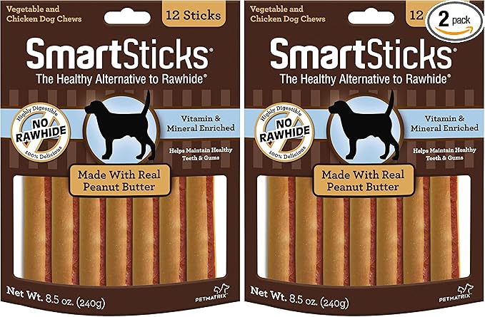 SmartBones SmartSticks with Real Peanut Butter,Rawhide-Free Chews for Dogs,12 Count (Pack of 2)