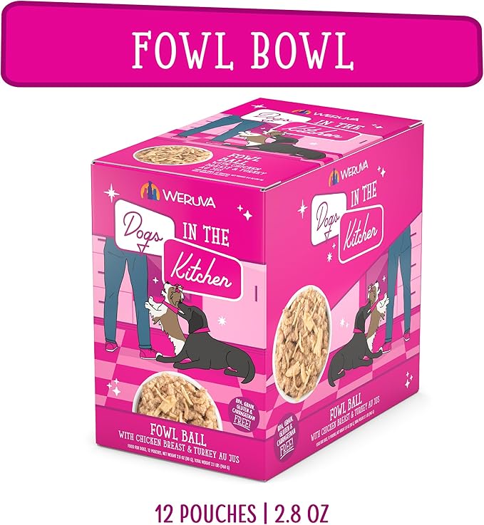 Weruva Dogs in the Kitchen, Fowl Ball with Chicken Breast & Turkey Au Jus Dog Food, 2.8oz Pouch (Pack of 12)