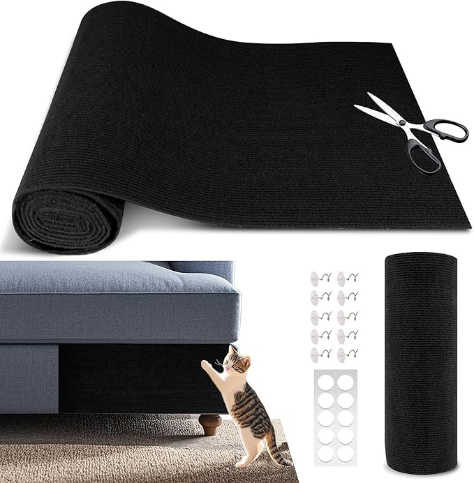 Cat Scratch Furniture Protector, 78.7"x15.8" Self Adhesive Cat Scratch Mat Pad,Cut to Fit DIY Replacement Carpet for Tree,Wall,Bed,Door, Couch Protector (Deep Black)