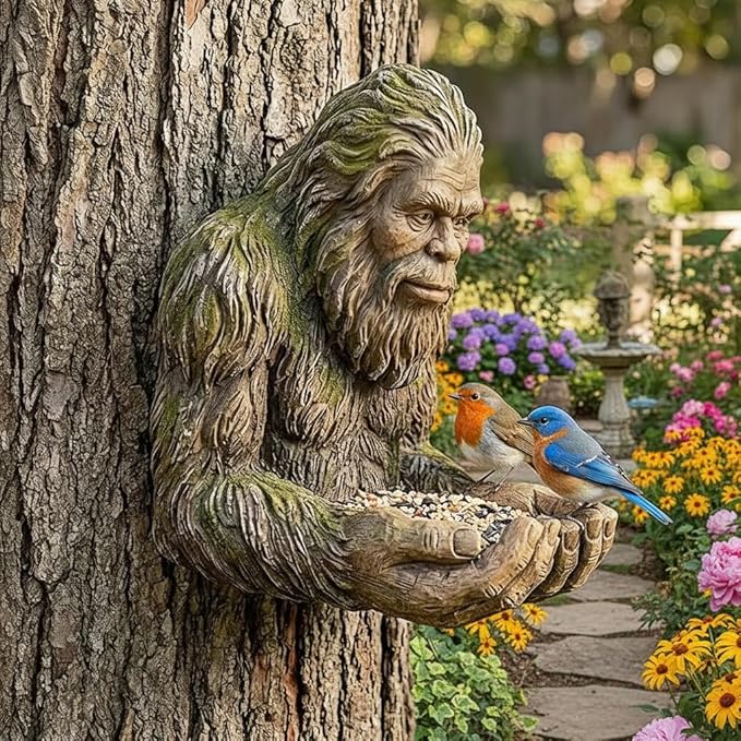 Tree Spirit Hanging Bird Feeder for Outdoors, Resin Platform Bird Feeder with Natural Bark Finish, Tree Mounted Decorative Feeder for Backyard Birding & Wildlife