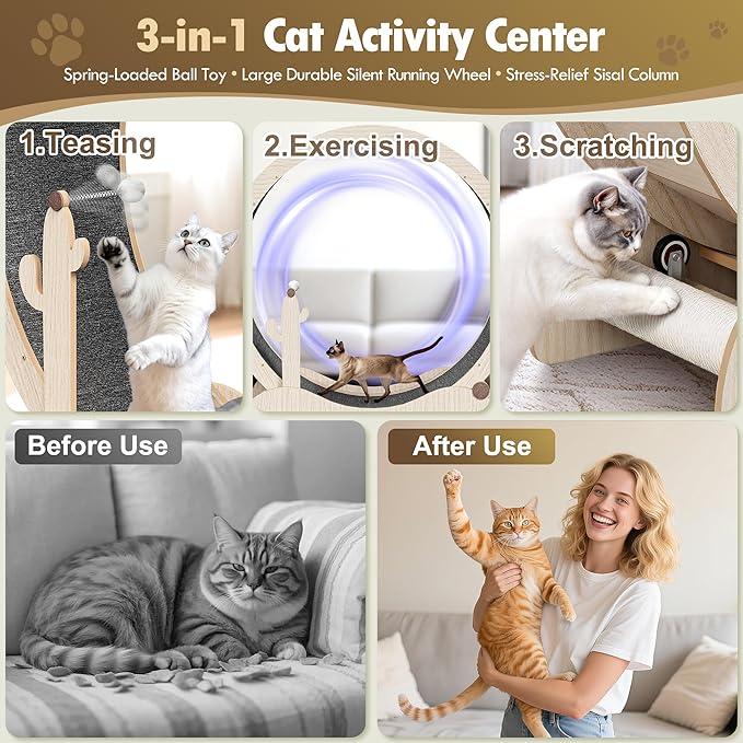 JungleA Large Cat Exercise Wheel 47 Inch - Spacious Cat Wheel with Detachable Teaser and Scratching Post for Indoor Cats, Featuring Safety Lock & Low Noise Design for Most Cats