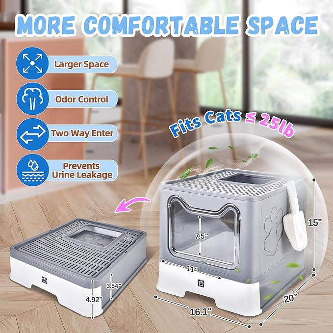 Cat Litter Box with Litter Mat, Foldable Extra Large Free in and Out/One-Way with Lid, Drawer Type Enclosed Kitty Litter Box,Odor Control Anti-Splashing Easy Cleaning (Medium Grey)