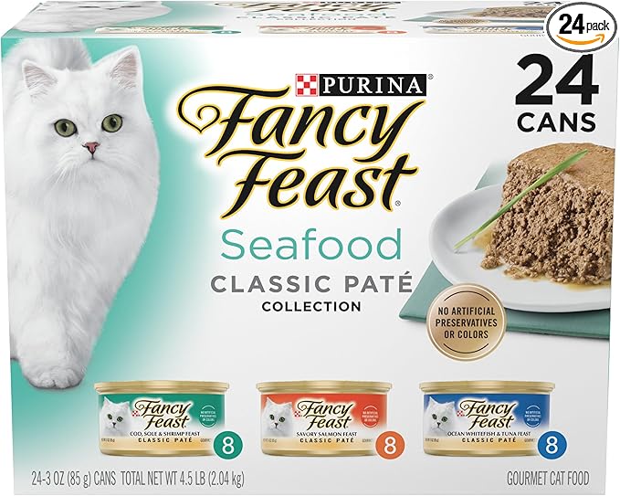 Purina Fancy Feast Seafood Classic Pate Collection Grain Free Wet Cat Food Variety Pack - (Pack of 24) 3 oz. Cans