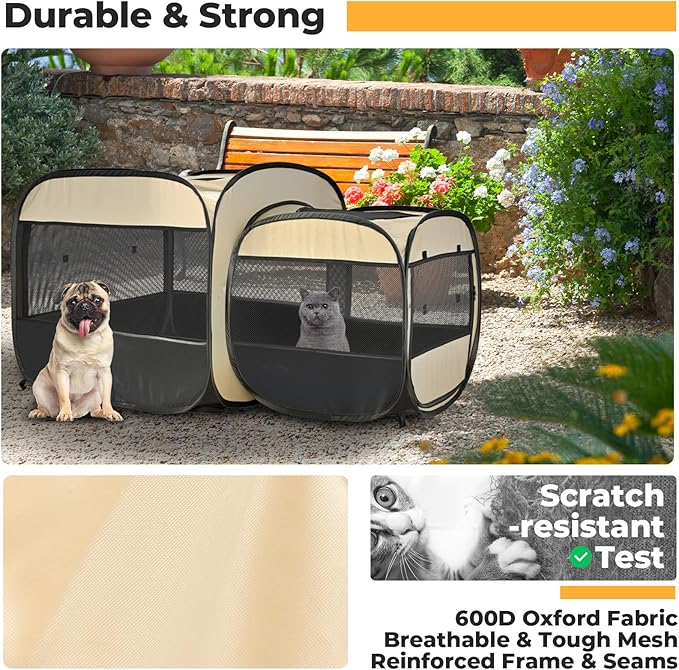 EighteenTek® 2-in-1 Portable Cat Playpen(End Doors), Pop up Kitten Playpen, Assembly-Free, Pet Tent Crates Kennel Cage Enclosure for Dog Puppy Indoor Outdoor(Beige)(No Divider, Unified Space)