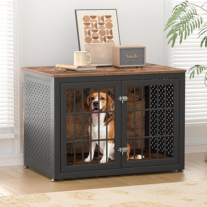 rehomerance 38" Heavy Duty Dog Crate Furniture for Large and Medium Dogs,Wooden Metal Kennel for High Anxiety Dogs, Chew Proof Pet Cage Indoor, Decorative Dog Kennel End Table