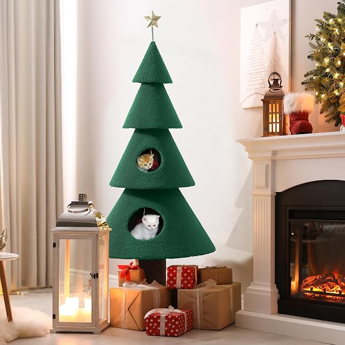 DWVO 60" Christmas Cat Houses for Indoor Cats, Christmas Cat Tree Tower with 2 Cozy Houses, Kitty Furniture with Teaser Plaything for Christmas Decoration