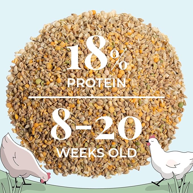 Mile Four Organic Chicken Feed (46 lbs) Grower Whole Grain, Non-GMO, USA Grown, 18% Protein, Corn-Free, Soy-Free, Non-Medicated Feed for Chickens