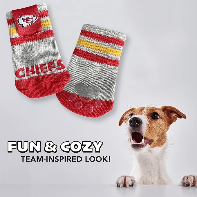 NFL Kansas City Chiefs Anti Slip Dog Socks with Elastic Ribbed Top, Size Medium/Large. Indoor/Outdoor Socks, Best Dog Paw Protector, 2 Pairs, Cool Puppy Supplies with NFL Logo of Chiefs Team