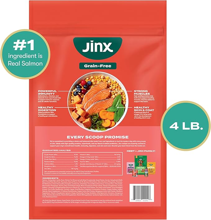 Jinx Premium Grain-Free Dry Dog Food, for All Lifestages - Real Salmon, Sweet Potato & Carrot Puppy Kibble with Superfoods for Immune Support & Probiotics for Digestive Support - No Fillers - 4lb