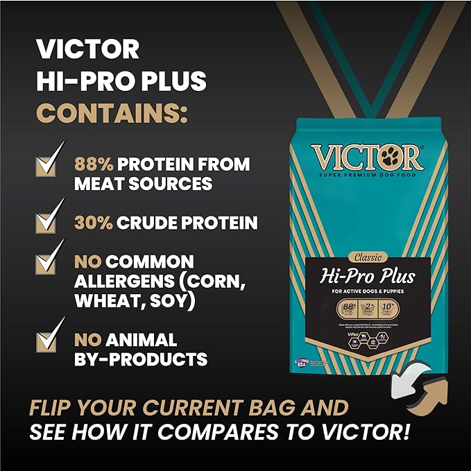 VICTOR Super Premium Dog Food – Hi-Pro Plus Dry Kibble – High Protein Dog Food with 30% Protein – Beef, Chicken, Pork, Fish Meals, Gluten Free - for High Energy and Active Dogs & Puppies, 30lbs