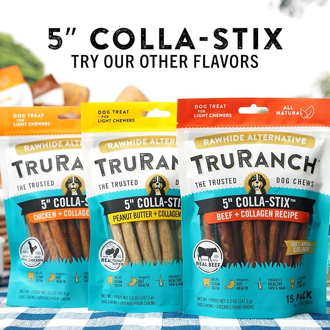 TRURANCH Collagen Sticks - 5" Collagen Sticks for Dogs - Long Lasting Healthy Joint Support - Rawhide Alternative - Skin & Coat Health - Made with Real Chicken, Value Pack, 15 Bags, 225 Count