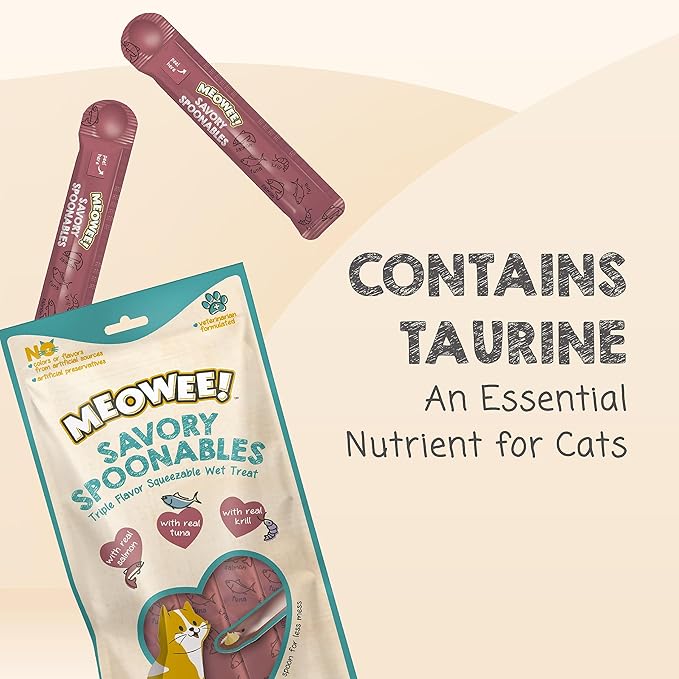 MEOWEE! Savory Spoonables with Real Salmon, Tuna and Krill for Cats, 4 Count, Treat Your Cat to Triple Flavor Squeezable Lickable Wet Treats with Built-in Spoon for Less Mess