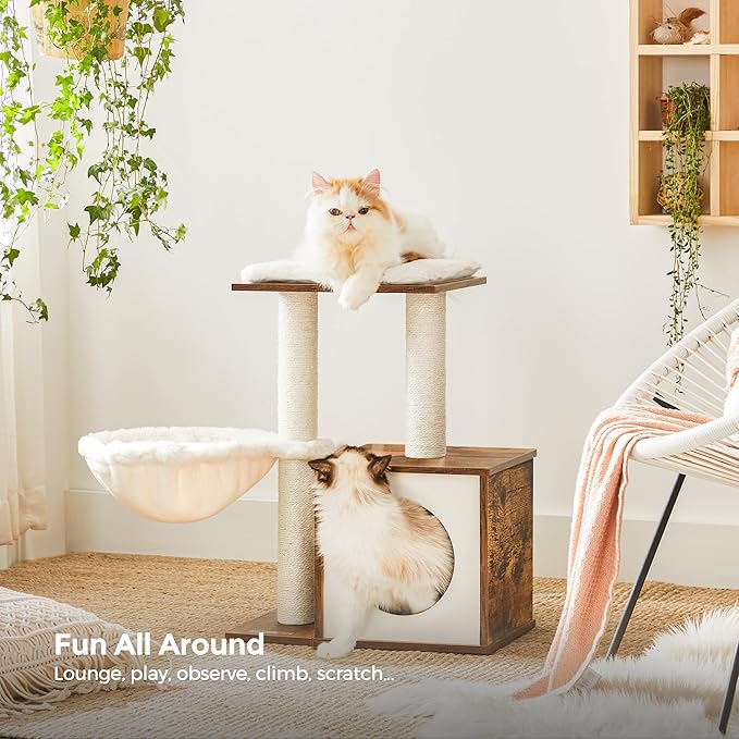 FEANDREA Small Cat Tree for Kittens, Modern Cat Tower for Indoor Cats, Cat Condo with Scratching Posts, Removable Washable Cushions, Rustic Brown UPCT122X01