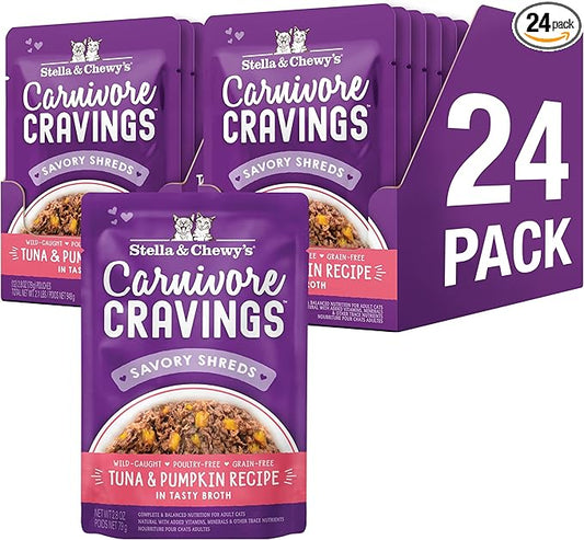 Stella & Chewy's Carnivore Cravings Wet Cat Food - Premium Pouches - Grain Free, High Protein Tuna & Pumpkin - Perfect For Picky Eaters - Complete Meal or Topper (2.8 oz, 24 Pack)
