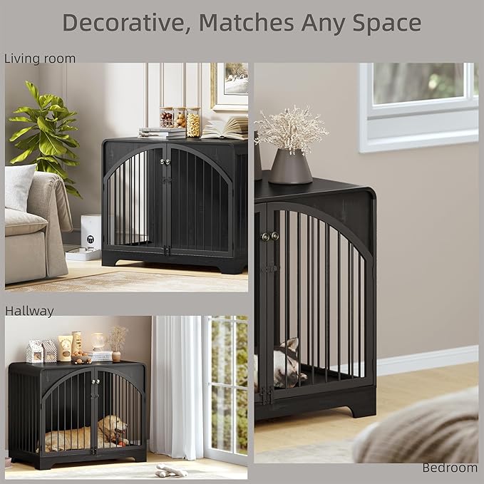 31.5" Farmhouse Dog Crate Furniture for Small Dogs, Decorative Pet House End Table, Wooden Dog Kennel Furniture Indoor, Black