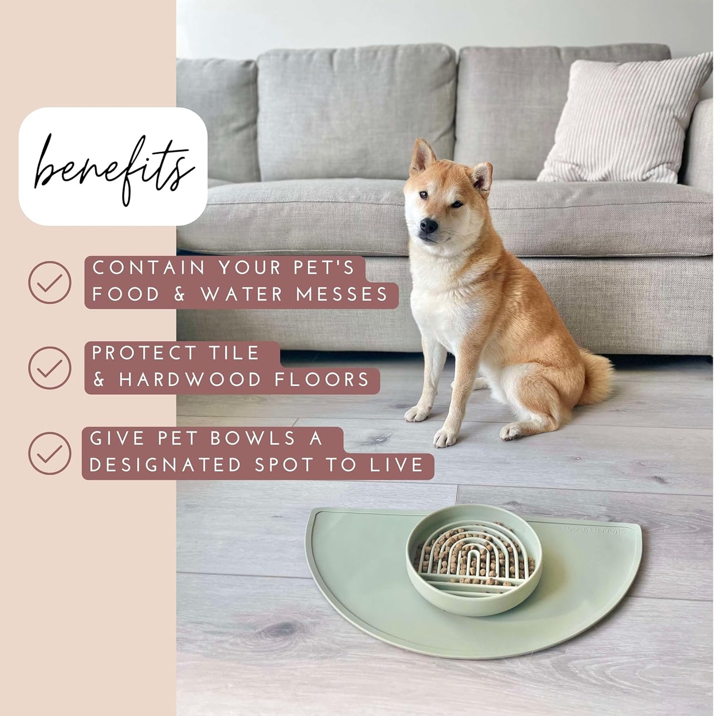 Waterproof Silicone Pet Food Mat - Non-Slip, Spill-Proof Feeding Mats for Floors, Raised Edge Design, Easy-to-Clean Mat for Dog & Cat Bowls, 21" Across x 10.5" Deep, Medium-Sage Green