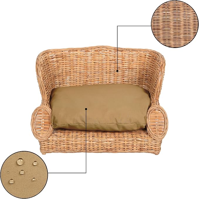 DBD1004B Handwoven Water Hyacinth Pet Daybed with Machine-Washable Cushion, 27.5" x 18" Wicker Sofa for Small to Medium Dogs and Cats, Vintage Style Elevated Pet Bed, Light Brown