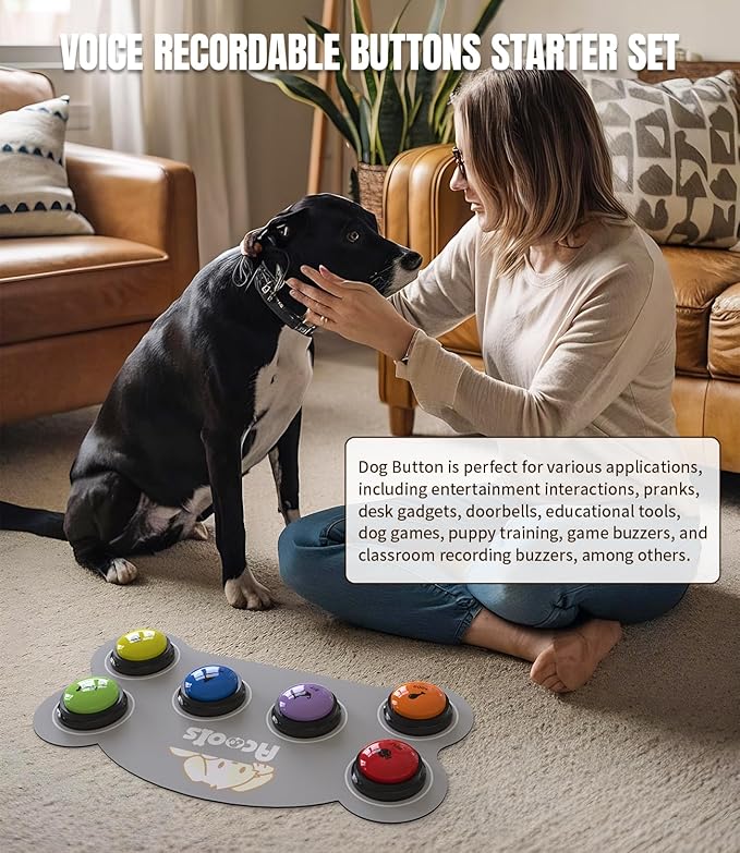 6 Piece Dog Talk Buttons, Dog Buttons for Communication with Non-Slip Mat, 30s Recordable Voice Commands To Train Pet, Dog Talking Buttons Starter Set with 48 Scene Stickers Suitable for Easy Training