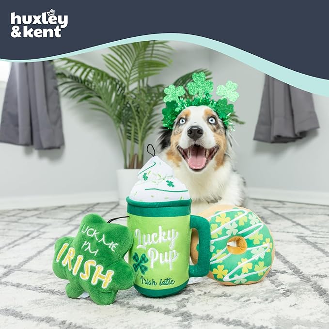 Huxley & Kent Funny Dog Toy w/Squeaker – St. Patrick's Day Power Plush Squeaky Dog Toys for Small, Medium & Large Dogs – Soft Stuffed Animal for Indoor Play & Fetch - Lick Me Shamrock, One Size