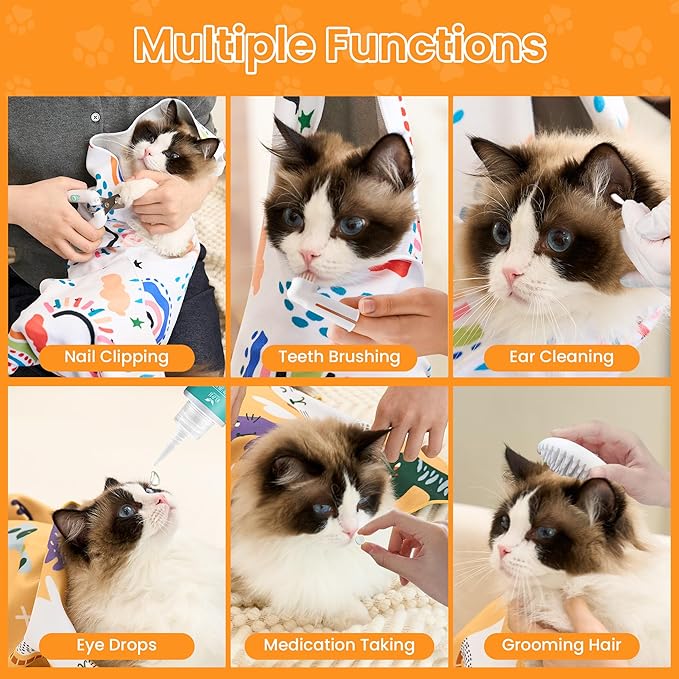 27.6'' Cat Grooming Wrap for Cutting Nails Self-Adhesive Soft Polyester Fabric Swaddle Wrap for Cats Anti-Scratch Anti-Escape Restraint for Nail Clipping Pet Cleaning and Beauty (Rainbow,XL)