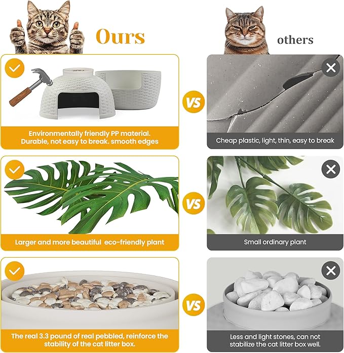 FansaFurn Hidden Litter Box with Faux Plant, Large Cat Litter Box with Rattan Pattern, Heavy Duty PP Material Litter Box Enclosure Furniture for Home Decor, Light Grey
