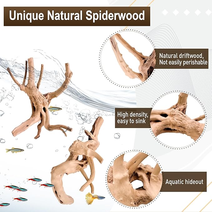 Kaiyuan Dynasty 3Pcs 8-10" Natural Aquarium Spiderwood for Reptile Terrariums Spider Wood Branch for Aquatic Plants Fish Tank Decorations