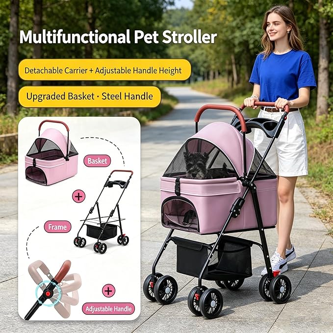YYW Pet Stroller for Small Dogs & Cats, 3 in 1 Foldable Kittens Puppies Travel Strolling Cart with Removable Carrier, Cup Holder, Storage Basket & Lockable Wheels(Pink)