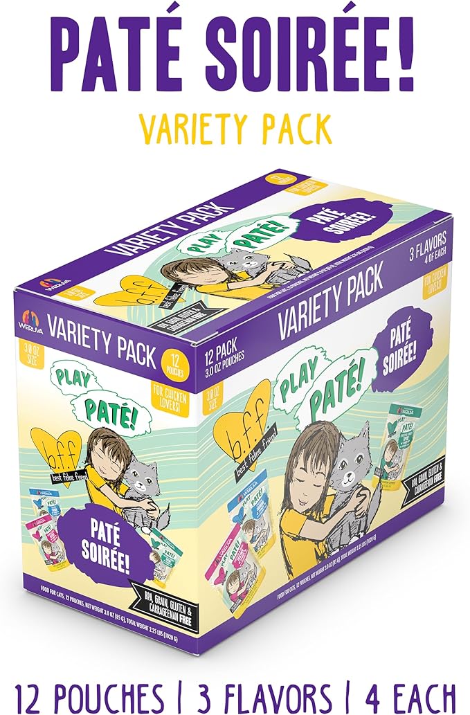 Weruva B.F.F. Play - Best Feline Friend Paté Lovers, Aw Yeah!, Paté Soiree! Variety Pack, 3oz Pouch (Pack of 12)