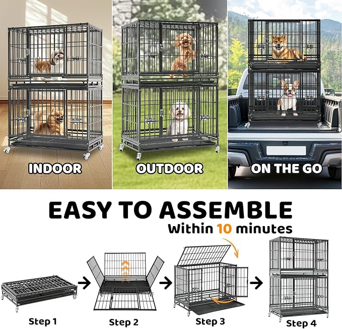 Homey Pet Two Tiers 37 Inch Dog Crate Cage Kennel with Feeding Bowls, Lockable Wheels and Removable Tray, Escape Proof Metal Wire Heavy Duty Dog Crates for Medium/Small Sized Dogs (2 Pack)