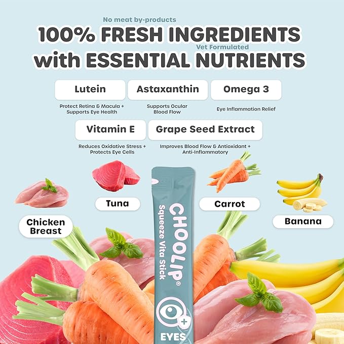 Choolip Squeeze Vita Stick Lickable Cat and Dog Treats – 49-Count Eye Support Sticks with Multivitamins, Soft Squeezable Paste for All Life Stages, Supporting Eye Health - Box with 7 Pouches