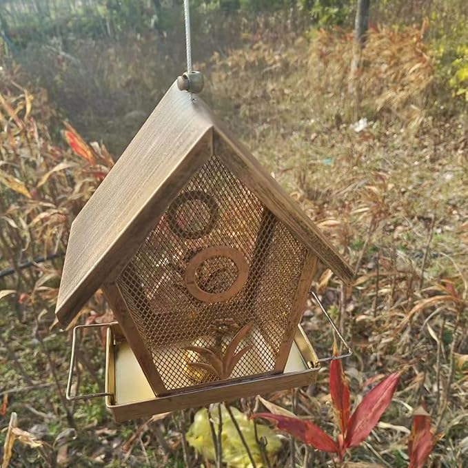 Bird Feeder Squirrel Proof - Metal Weatherproof House - Outdoor Small Bird Feeder with Buckle,for Backyard Deck Balcony Tree Yard Bluebird Finch Birding Feeding