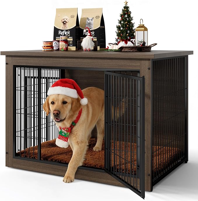 Dog Crate Furniture with Thick Cushion, Side End Table Wooden Dog Cage with Double Doors, Chew-Resistant Dog Kennel Dog House Indoor for Small to Large Dog