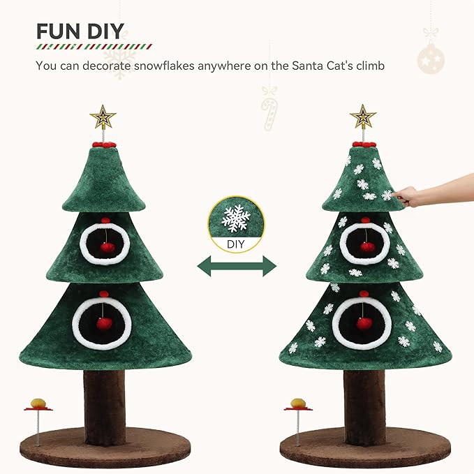 DWVO Christmas Cat Houses for Indoor Cats, Christmas Cat Tree Tower with 2 Cozy Houses, Kitty Furniture with Teaser Plaything for Christmas Decoration