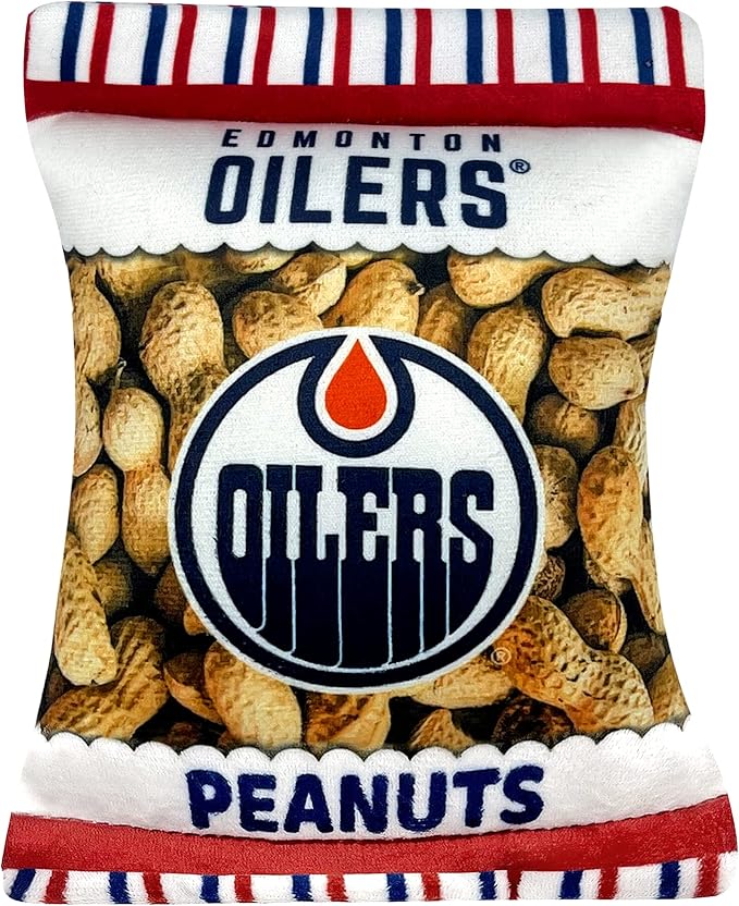 Pets First NHL Edmonton Oilers Crinkle Fine Plush Dog & Cat Squeak Toy - Cutest Stadium Peanuts Snack Plush Toy for Dogs & Cats with Inner Squeaker and Beautiful Hockey Team Name/Logo